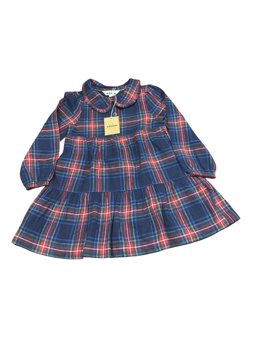 NWT Mini Boden, sz 4-5Y Blue and Red Plaid Peter Pan Collar Dress